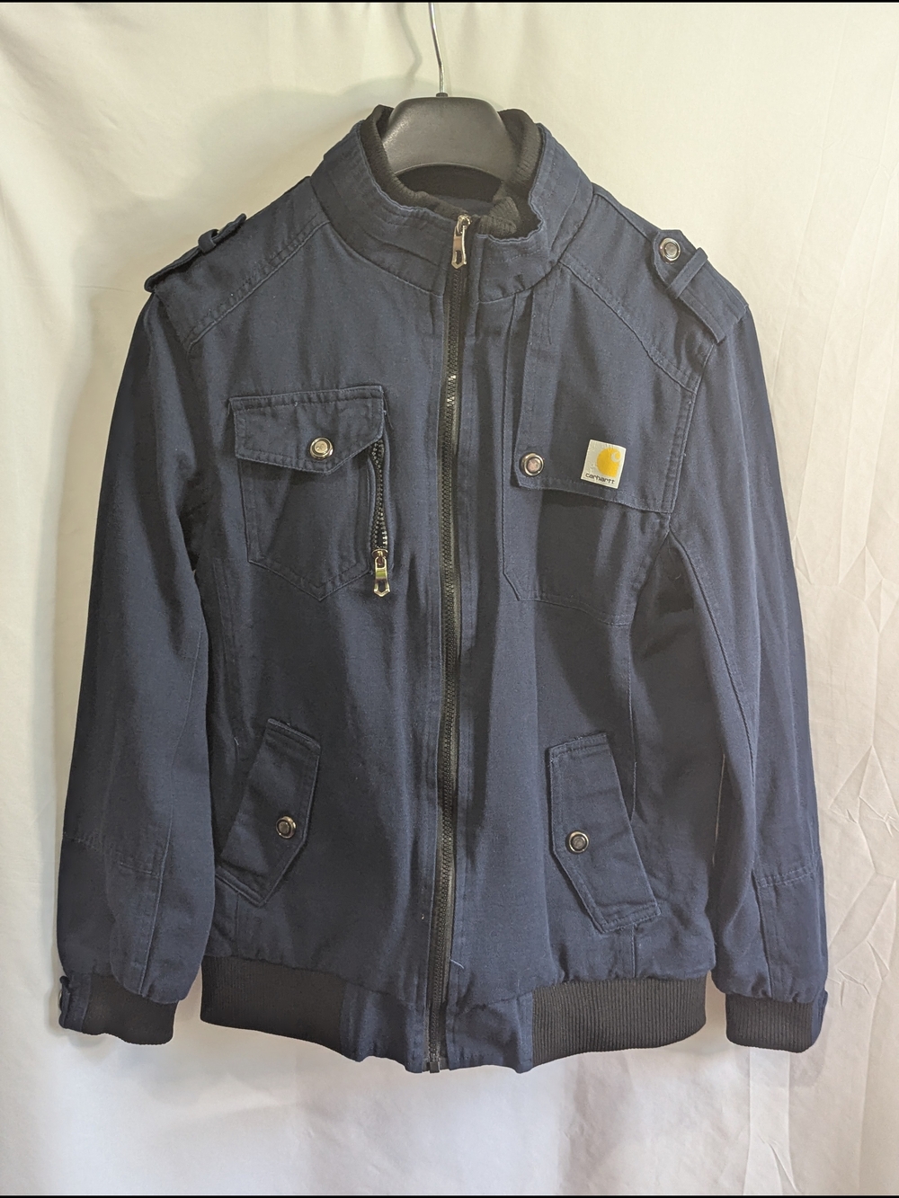 Military Style Utility Jacket Navy Blue Plaid Lined Zip Front Women's Medium